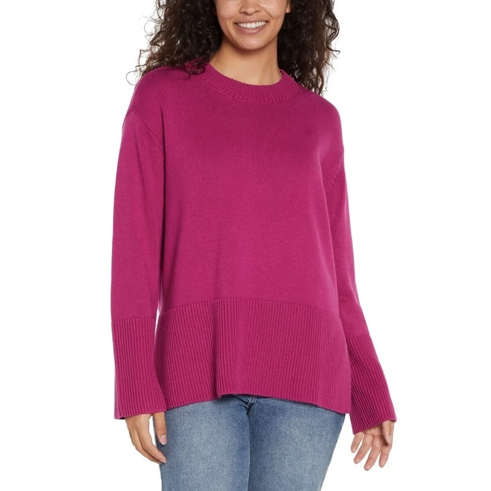 GAP Women's Medium 100% Cotton Tunic Knit Sweater Magenta Pink Crewneck Pullover
